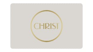 Graue Geschenkkarte mit goldenem CHRIST-Aufdruck auf weißem Hintergrund